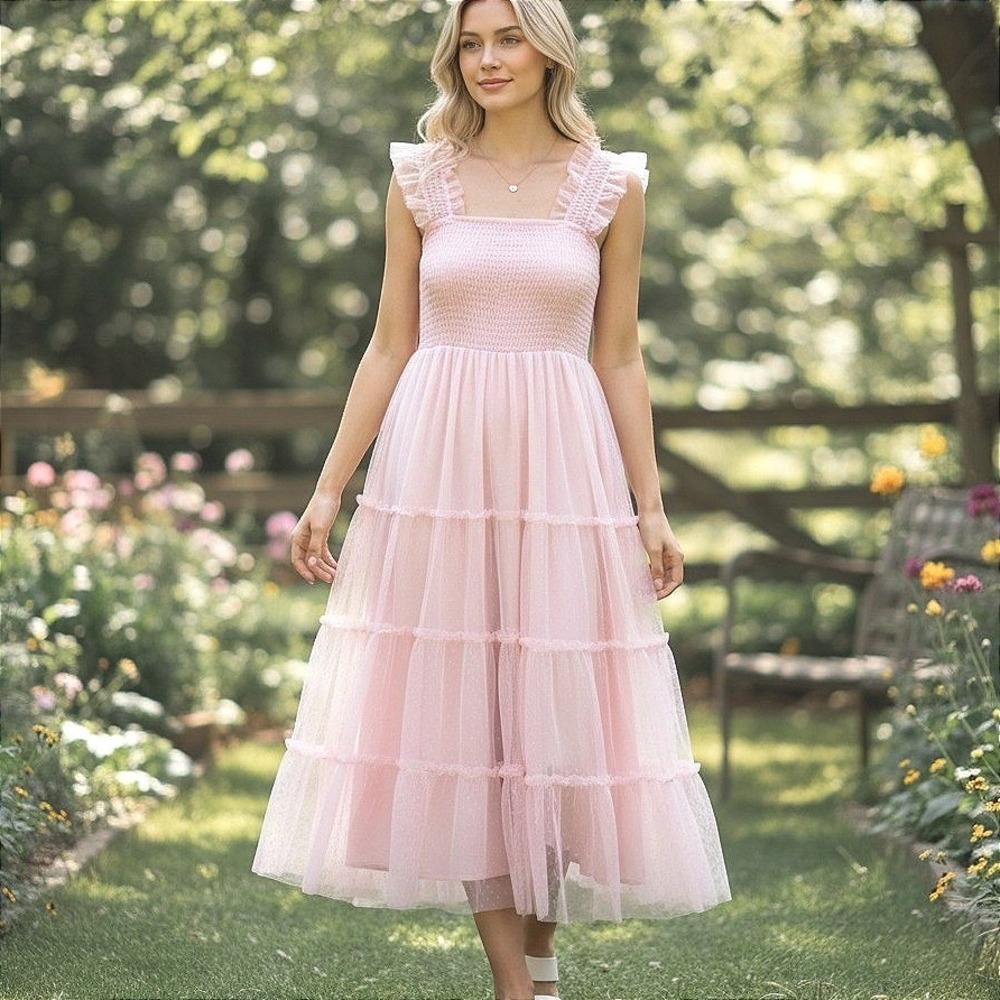 PrettyGarden Pink Tulle Tiered Midi Dress Smocked Ruffle Strap Women Small